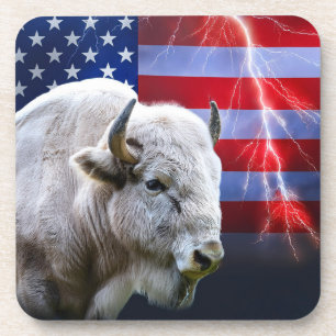Weißes Buffalo mit amerikanischer Flagge und Blitz Getränkeuntersetzer