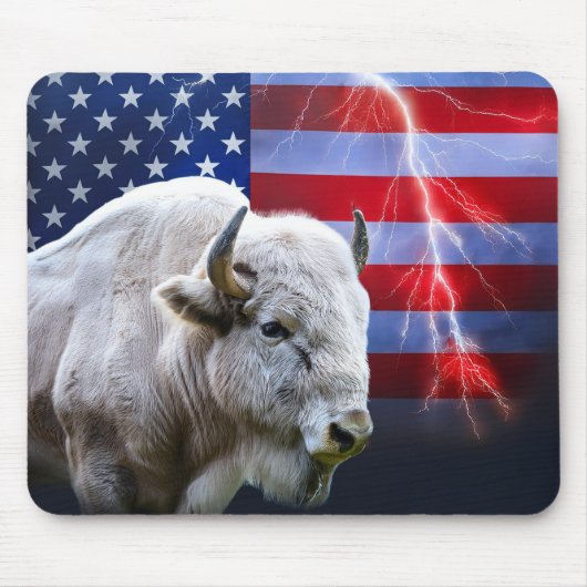 Weißes Buffalo mit amerikanischer Flagge und Blitz Mousepad (Vorne)