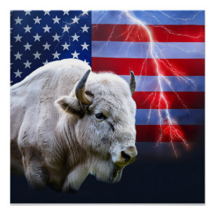 Weißes Buffalo mit amerikanischer Flagge und Blitz Poster
