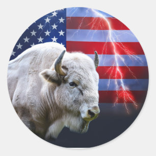 Weißes Buffalo mit amerikanischer Flagge und Blitz Runder Aufkleber