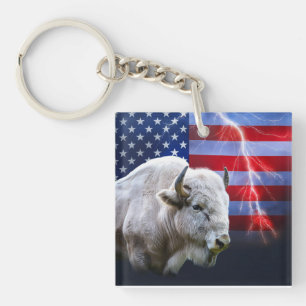 Weißes Buffalo mit amerikanischer Flagge und Blitz Schlüsselanhänger