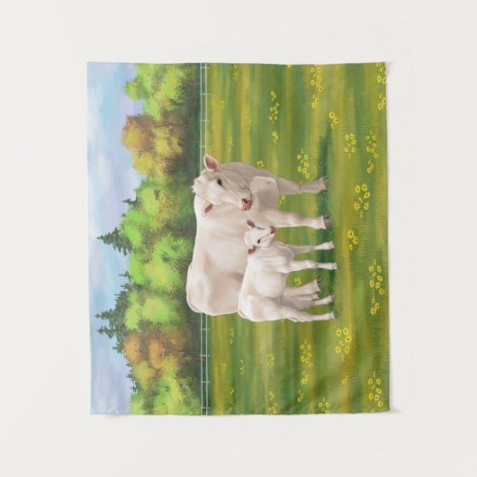 Weißes Charolais Kuh und Niedliches Rindfleisch Ri Wandteppich (Vorderseite)