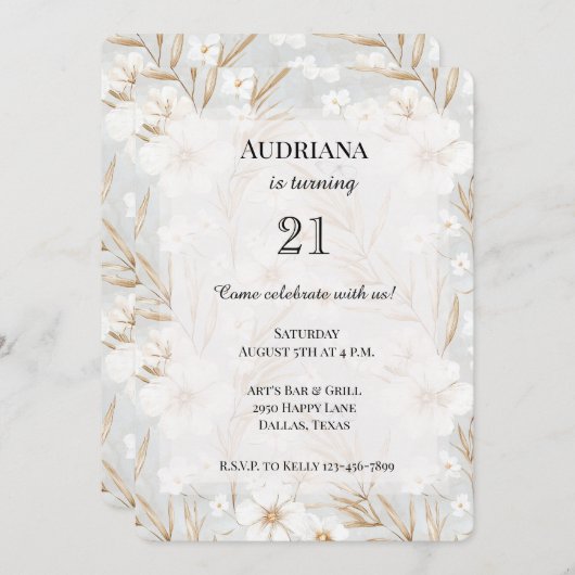 Weißes Cream Blume Blaue Schmetterlinge zum Geburt Einladung (Vorne/Hinten)