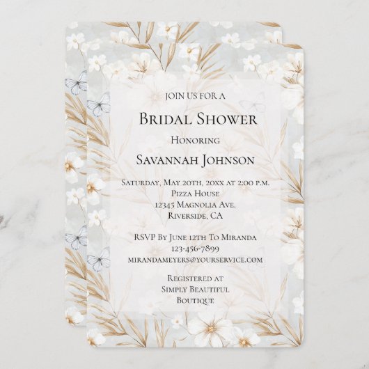 Weißes Creme Blume Blaue Schmetterlinge Brautparty Einladung (Vorne/Hinten)