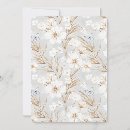 Weißes Creme Blume Blaue Schmetterlinge Brautparty Einladung (Rückseite)