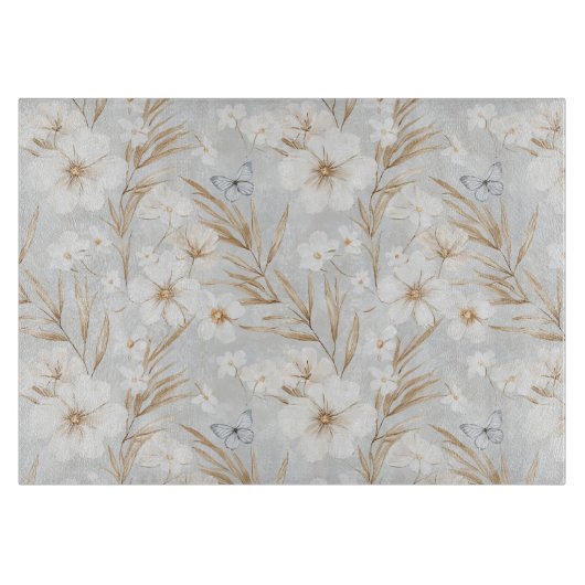 Weißes Creme Blume Blaue Schmetterlinge Brautparty Schneidebrett (Vorderseite)