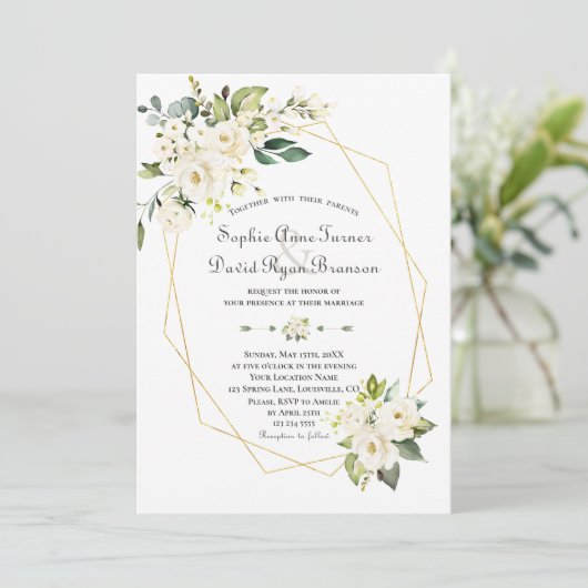 Weißes Creme Blume Goldrahmen Hochzeit Einladung (Stehend Vorderseite)