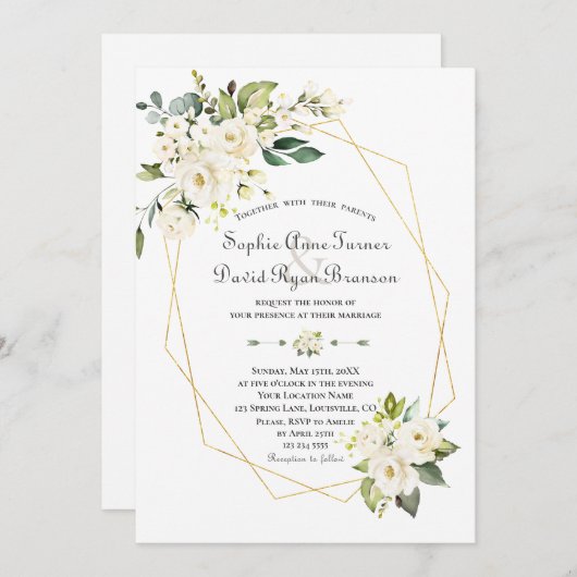 Weißes Creme Blume Goldrahmen Hochzeit Einladung (Vorne/Hinten)