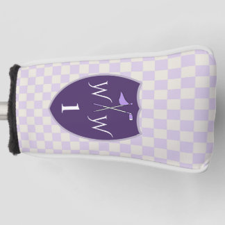 Weißes Creme & Lila kariertes Karton & Monogramm & Golf Headcover