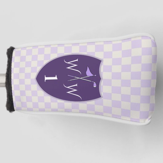Weißes Creme & Lila kariertes Karton & Monogramm & Golf Headcover (Vorderseite)