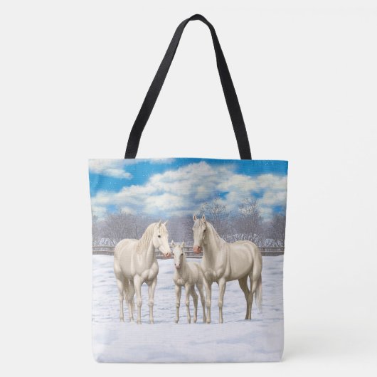 Weißes Cremello Quarter Pferde im Schnee Tasche (Vorderseite)