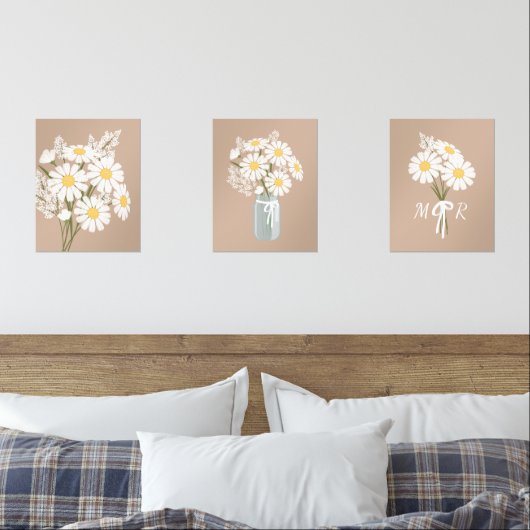 Weißes Daisy-Blume Monogramm Beige Set 3 (Schlafzimmer)