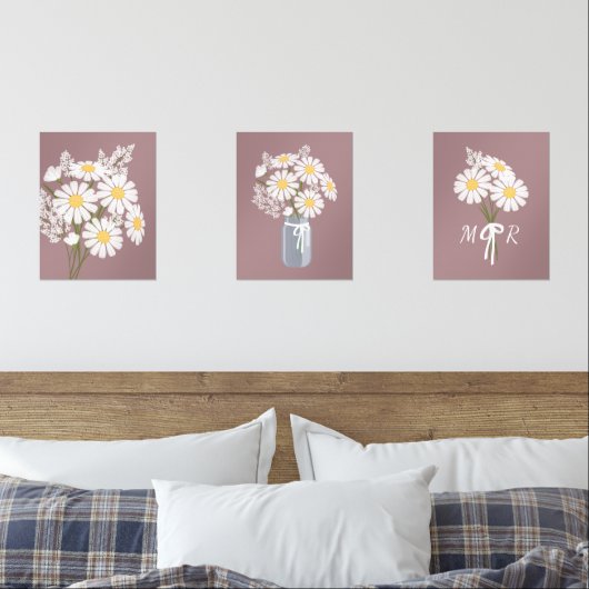 Weißes Daisy-Blume Monogramm Rosy-Braun-Set 3 Bilderwand Sets (Schlafzimmer)