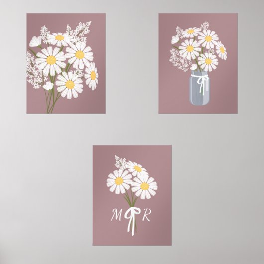 Weißes Daisy-Blume Monogramm Rosy-Braun-Set 3 Bilderwand Sets (Vorderseite)