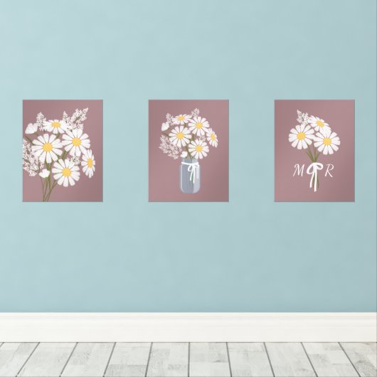 Weißes Daisy-Blume Monogramm Rosy-Braun-Set 3 Bilderwand Sets (Holzboden)