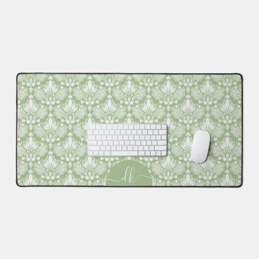 Weißes Damasken-Muster auf Salbei-grüne Monogramm Schreibtischunterlage (Tastatur & Maus)