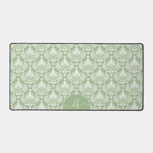 Weißes Damasken-Muster auf Salbei-grüne Monogramm Schreibtischunterlage (Vorderseite)
