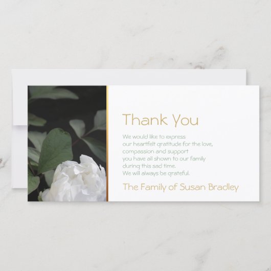 Weißes Denkmal-Beileid der Pfingstrosen-2 danken Dankeskarte (Vorderseite)