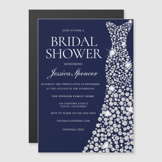 Weißes Diamant-Sparkenkleid Brautparty Magneteinladung (Vorne/Hinten)