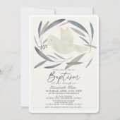 Weißes Dove Olive Branch Grüne Taufe Einladung (Vorderseite)
