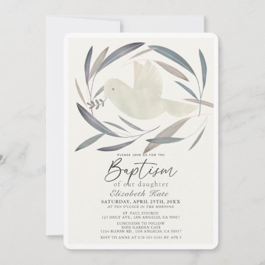 Weißes Dove Olive Branch Grüne Taufe Einladung (Vorderseite)