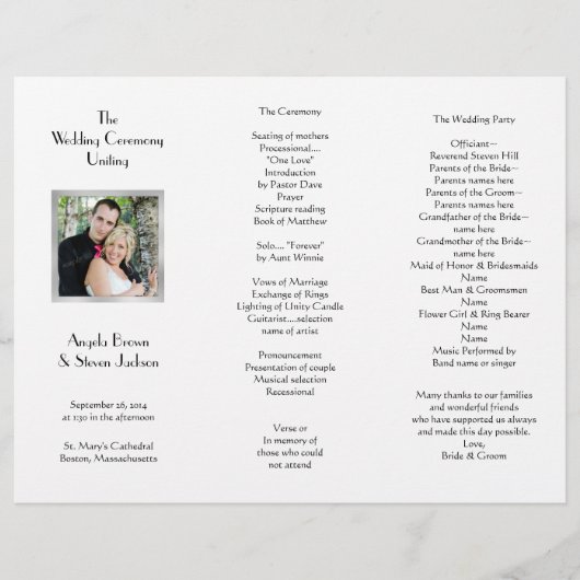 Weißes dreiteiliges Fotovorlage Hochzeitsprogramm (Vorderseite)