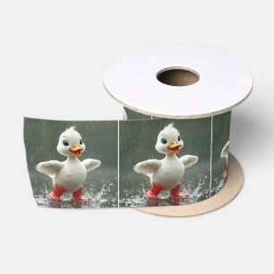 Weißes Duckling in einer Regenpuppe Satinband