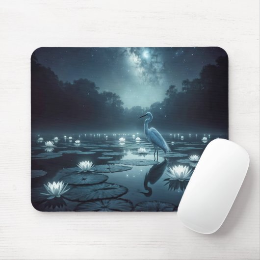 Weißes Egret im dunklen Teichwasser Mousepad (Mit Mouse)