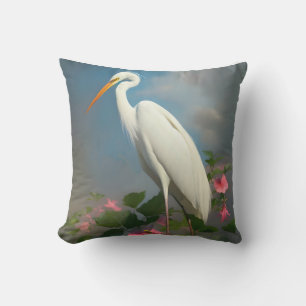 Weißes Egret mit Hibiskus Kissen