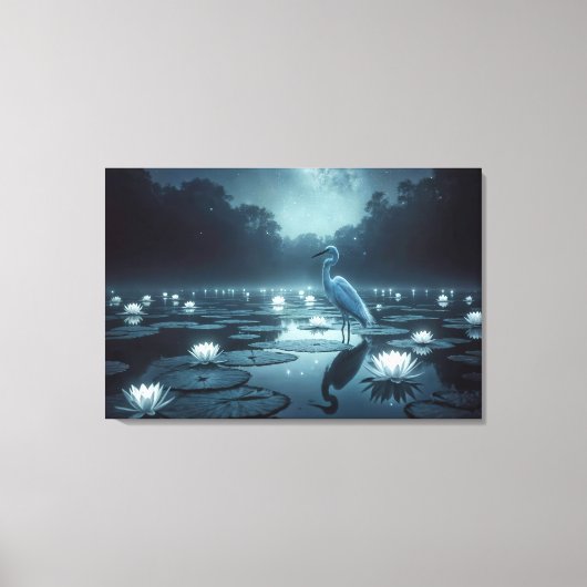 Weißes Egret und Wasserlilie in einem Teich Leinwanddruck (Vorderseite)