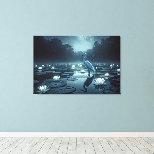 Weißes Egret und Wasserlilie in einem Teich Leinwanddruck (Insitu (Holzboden))