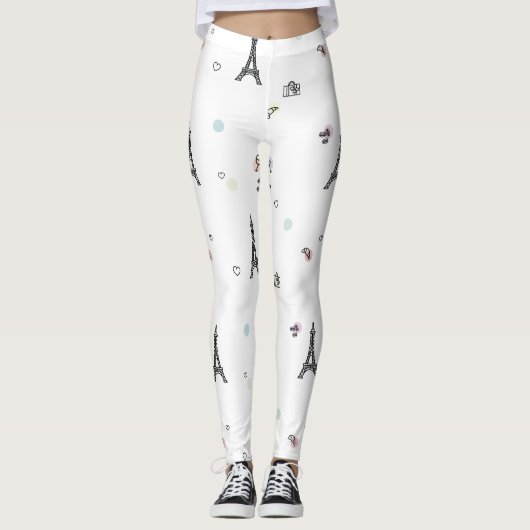 Weißes Eiffelturm-Muster Paris Frankreich Leggings (Vorderseite)