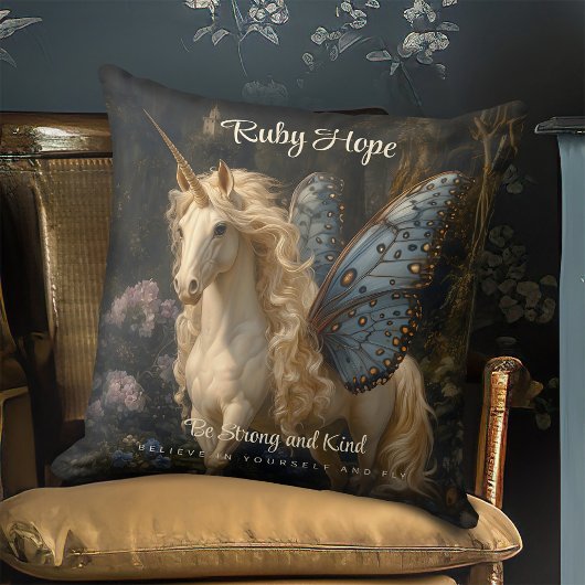 Weißes Einhorn Blauer Schmetterling Flügel Fairy H Kissen