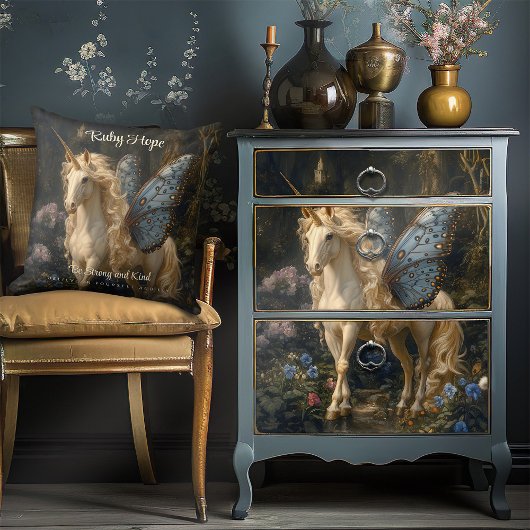 Weißes Einhorn Blauer Schmetterling Flügel Fairy H Kissen