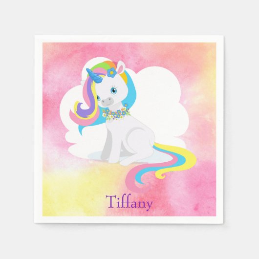 Weißes Einhorn hübsch rosa Aquarellfarbe Serviette (Vorderseite)