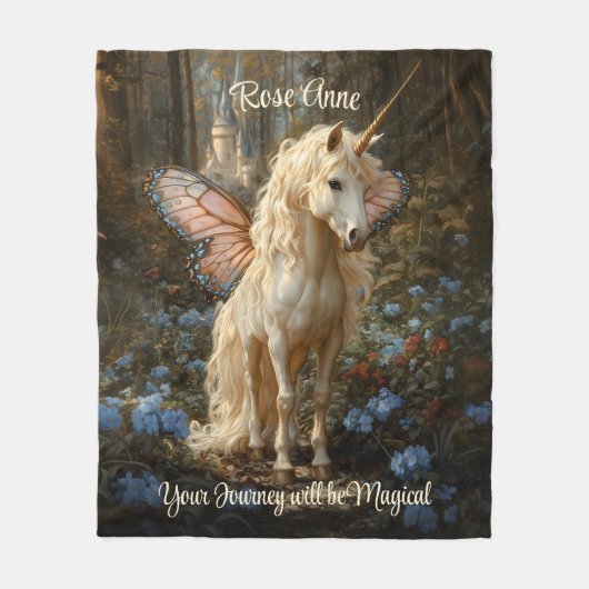 Weißes Einhorn mit rosa Schmetterling-Flügel Fleecedecke (Vorderseite)