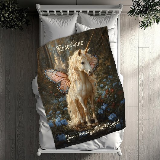 Weißes Einhorn mit rosa Schmetterling-Flügel Fleecedecke