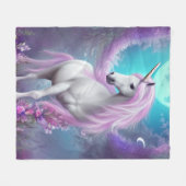 Weißes Einhorn mit violetten Blumen & Mond. Fleecedecke (Vorderseite (Horizontal))