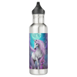 Weißes Einhorn mit violetten Blumen und Mond Edelstahlflasche