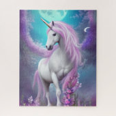Weißes Einhorn mit violetten Blumen und Mond Puzzle (Vertikal)
