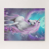 Weißes Einhorn mit violetten Blumen und Mond Puzzle (Horizontal)