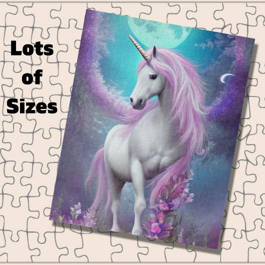 Weißes Einhorn mit violetten Blumen und Mond Puzzle