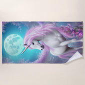 Weißes Einhorn mit violetten Blumen und Mond Strandtuch (Vorderseite)