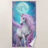 Weißes Einhorn mit violetten Blumen und Mond Strandtuch (Vorderseite)
