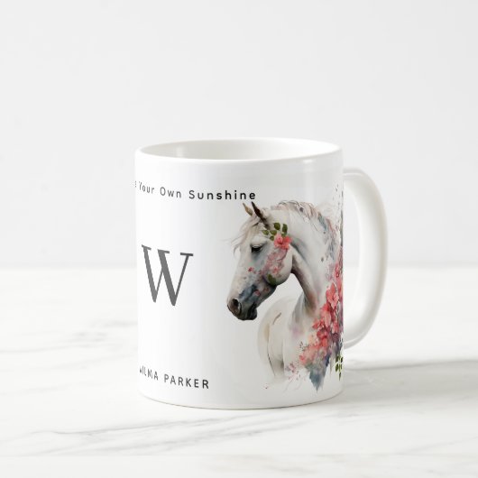 Weißes Einhorn-Monogramm mit Name Kaffeetasse (VorderseiteRechts)