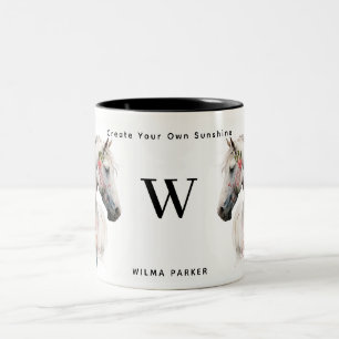 Weißes Einhorn-Monogramm mit Name Zweifarbige Tasse
