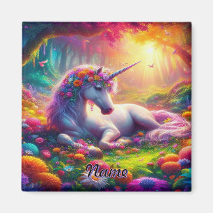 Weißes Einhorn Regenbogen Blumen Verzauberter Wald Magnet