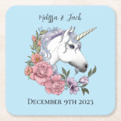 Weißes Einhorn Rosa Blume Blau Rechteckiger Pappuntersetzer (Vorderseite)