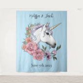 Weißes Einhorn Rosa Blume Blau Wandteppich (Vorderseite)