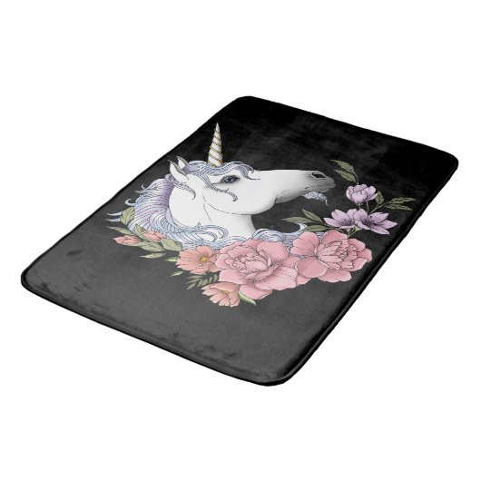 Weißes Einhorn und Blume Badematte (Schrägansicht)